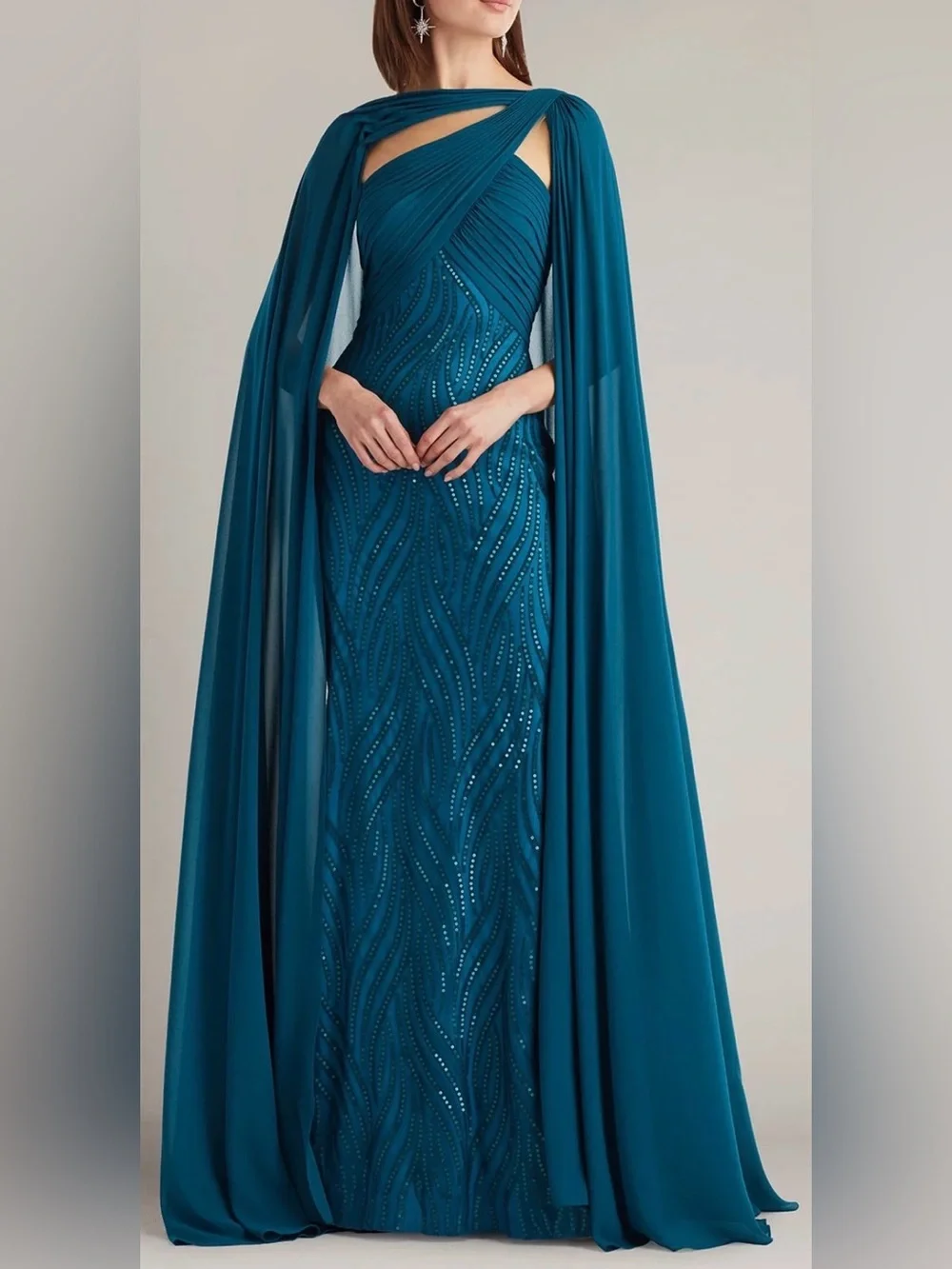 NWT TADASHI SHOJI Tullett Sequin Pleat Cape Teal Gown  Starry Night Sz 10